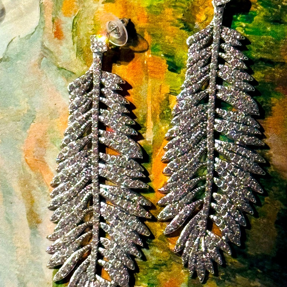 VERY ICY FEATHER EARRINGS 3” long
